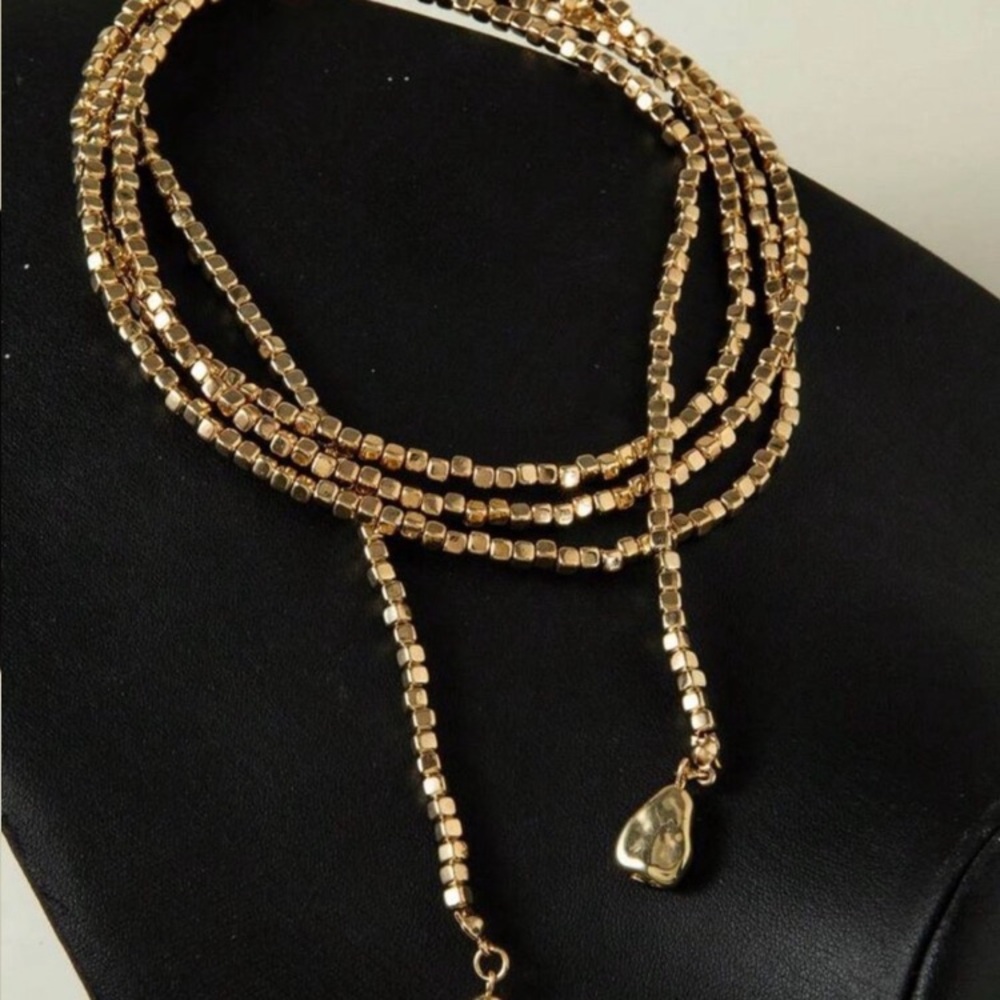 18k Gold Plated Beaded Lariat Necklace Long Statement Wrap Chain 55” New - Picture 3 of 3